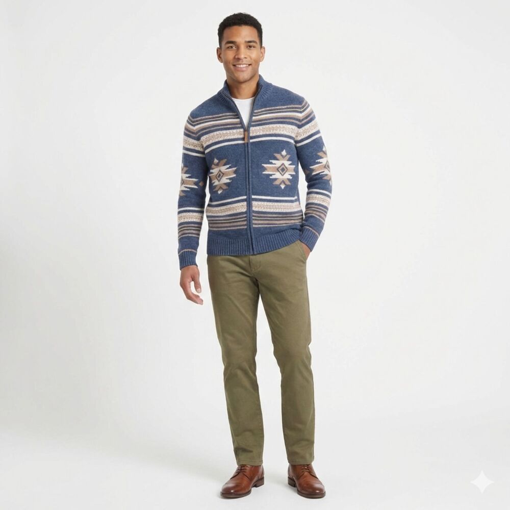 Frye Mens Mock Neck Cardigan Large Navy Beige Full Zip Southwest Heavyweight